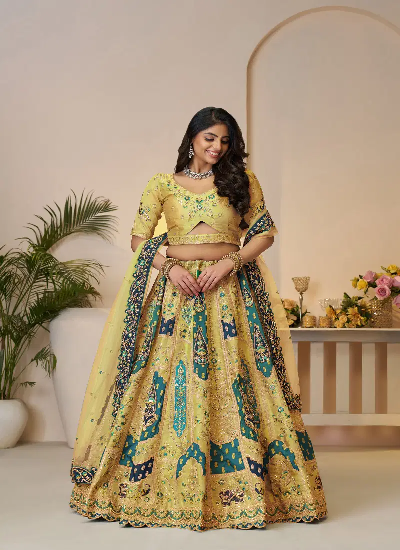 Kf 492 Yellow Banarasi Silk Indian Bridal Lehenga Wholesale Price In Surat